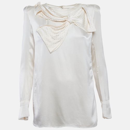 Balmain Beige Satin Bow Detail Raw Edge Blouse M - Balmain - Modalova