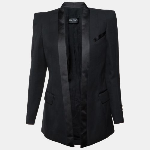 Wool Satin Trim Open Front Structured Blazer M - Balmain - Modalova