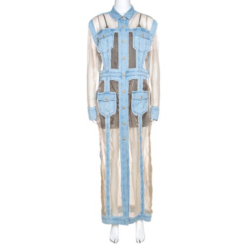 Balmain Bicolor Sheer Silk Panelled Denim Trim Shirt Dress L - Balmain - Modalova