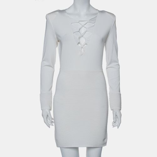 Balmain White Textured Knit Lace Up Tie Detail Mini Dress M - Balmain - Modalova