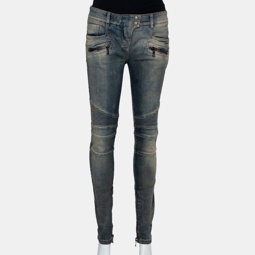 Balmain Blue Denim Quilted Detail Faded Effect Biker Jeans M - Balmain - Modalova