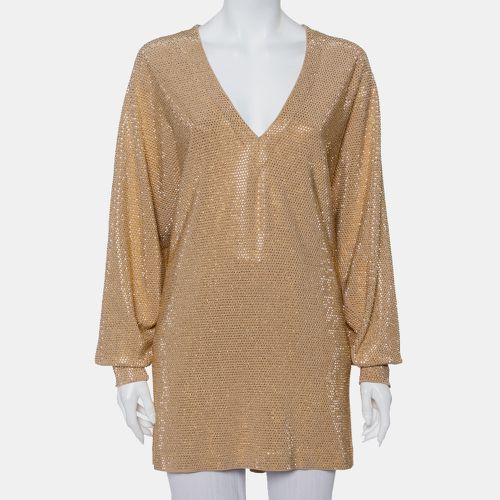 Balmain Gold Rhinestone Embellished Knit V-Neck Oversized Top M - Balmain - Modalova