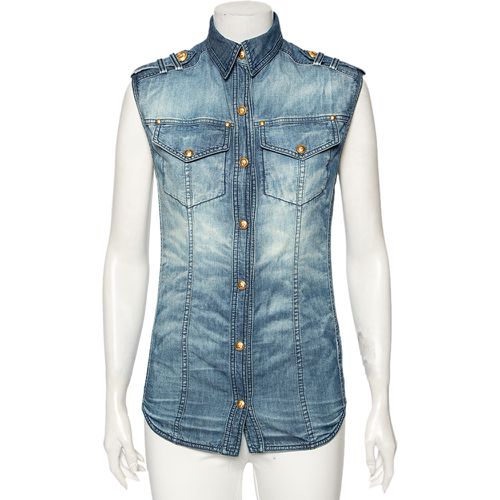 Balmain Blue Faded Effect Denim Pocket Detailed Button Front Sleeveless Shirt S - Balmain - Modalova