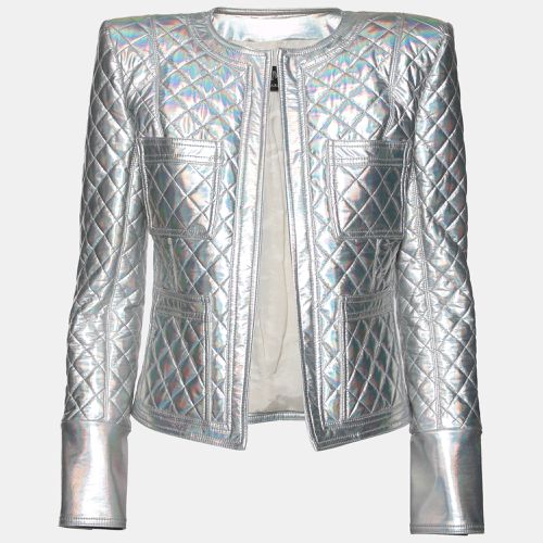 Balmain Silver Holographic Quilted Open Front Jacket M - Balmain - Modalova