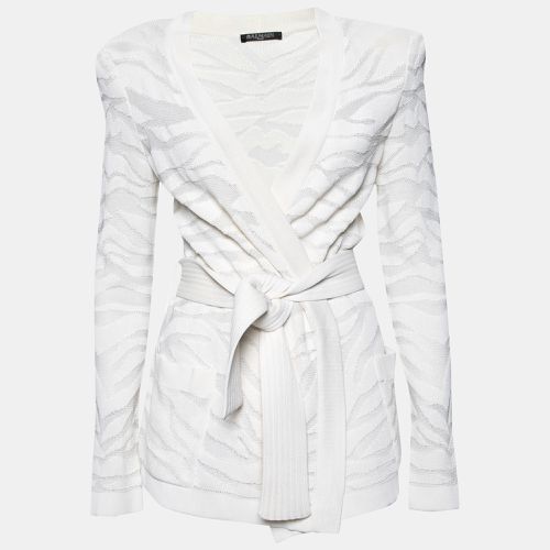 Balmain White Zebra Textured Knit Belted Wrap Cardigan M - Balmain - Modalova