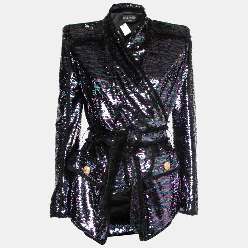 Balmain Purple Sequined Frayed Belted Blazer M - Balmain - Modalova