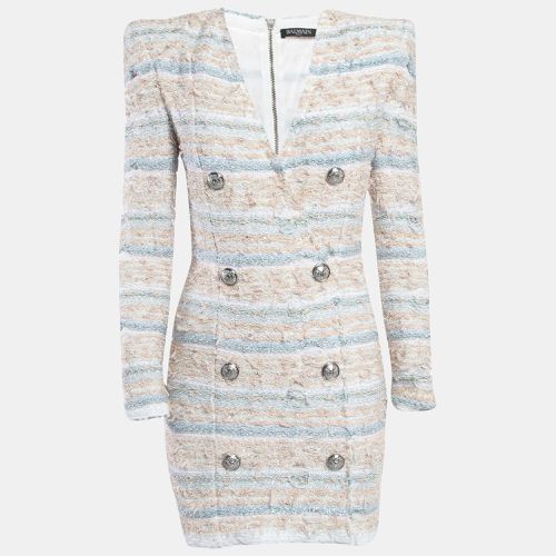 Balmain White/Blue Metallic Bouclé-Tweed Button-Embellished Mini Dress M - Balmain - Modalova