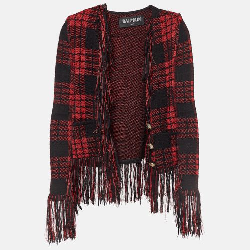 Balmain Red/Black Tartan Wool Fringed Open Front Blazer S - Balmain - Modalova