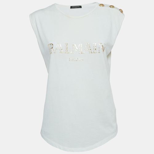 Balmain White Logo Print Distressed Cotton Button Detailed Tank Top M - Balmain - Modalova