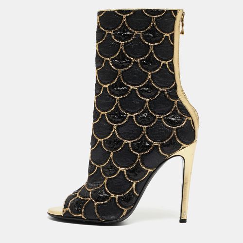 Balmain Black/Gold Canvas and Leather Peep Toe Ankle Boots Size 36 - Balmain - Modalova