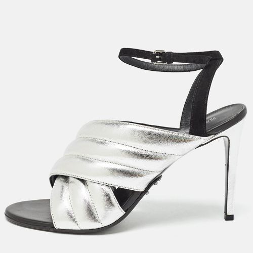 Balmain Silver/Black Quilted Leather and Suede Ankle Strap Sandals Size 40 - Balmain - Modalova