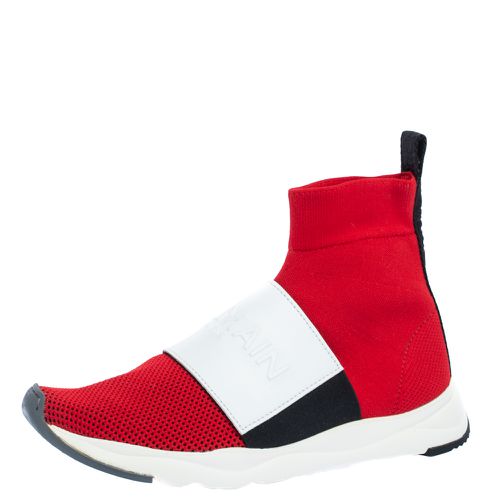 Balmain Red/White Stretch Knit and Leather Embossed Logo High Top Sneakers Size 36.5 - Balmain - Modalova