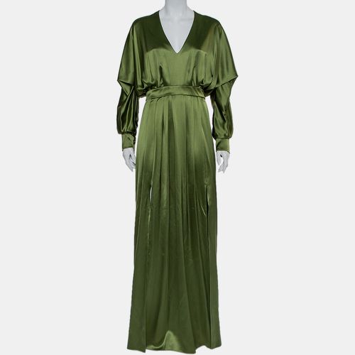 Balmain Green Silk Satin Pleated Front Slit Detail Maxi Dress S - Balmain - Modalova