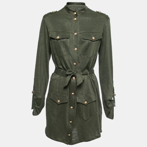 Balmain Kaki Green Knit Button-Embellished Belted Mini Dress M - Balmain - Modalova