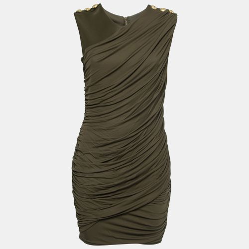 Balmain Olive Green Stretch Knit Ruched Mini Dress M - Balmain - Modalova