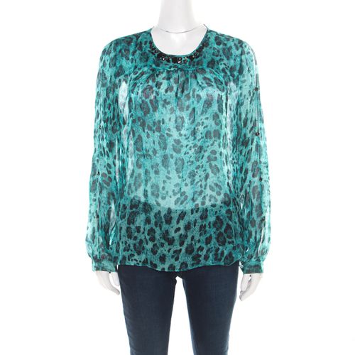 Blumarine Blue and Black Animal Printed Silk Embellished Neck Blouse M - Blumarine - Modalova