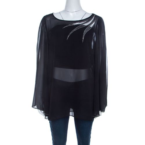 Blumarine Sheer Black Crepe Beaded Trim Cape Sleeve Blouse L - Blumarine - Modalova