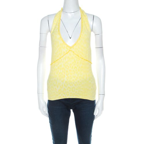 Blumarine Yellow Animal Patterned Jacquard Bead Embellished Backless Halter Top M - Blumarine - Modalova