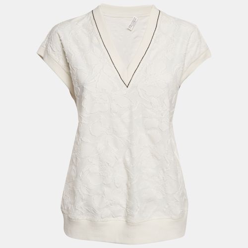 Brunello Cucinelli Off White Fil-coupe Jersey Monili Detail V-Neck Top L - Brunello Cucinelli - Modalova