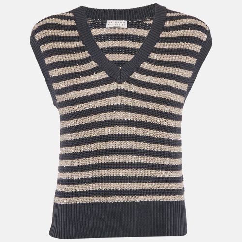 Brunello Cucinelli Beige/Blue Striped Cotton Knit Sequin Detail Sleeveless Sweater M - Brunello Cucinelli - Modalova