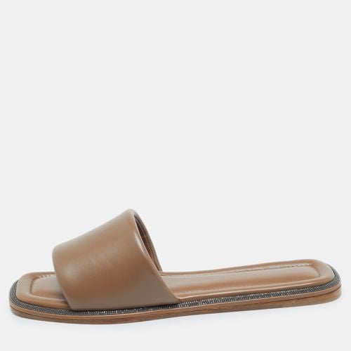 Brunello Cucinelli Brown Leather Square Toe Flat Slide Size 39 - Brunello Cucinelli - Modalova