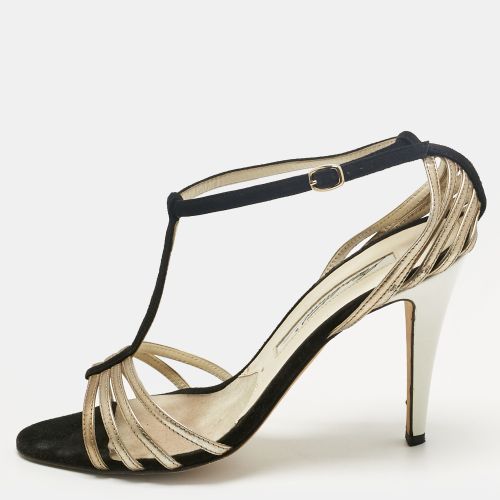 Brian Atwood Black/Gold Suede and Leather Strappy T-Bar Sandals Size 37 - Brian Atwood - Modalova