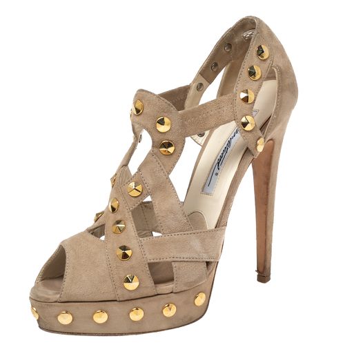 Brian Atwood Beige Cut-Out Studded Suede Peep-Toe Platform Pumps Size 37.5 - Brian Atwood - Modalova