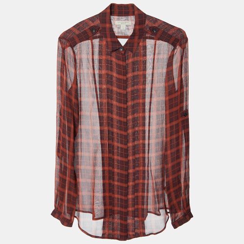 Burberry Brit Brick Red Plaid Check Silk Crepe Pleated Shirt XS - Burberry Brit - Modalova