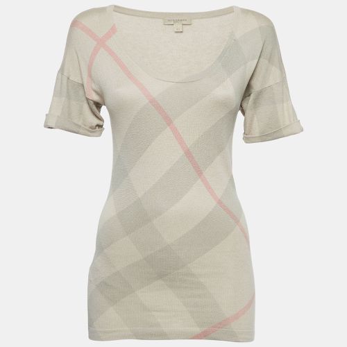 Burberry Brit Beige Checked Silk Blend Knit V-Neck T-Shirt XS - Burberry Brit - Modalova