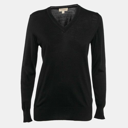 Burberry London Black Wool Knit V-Neck Full Sleeves Sweater S - Burberry London - Modalova