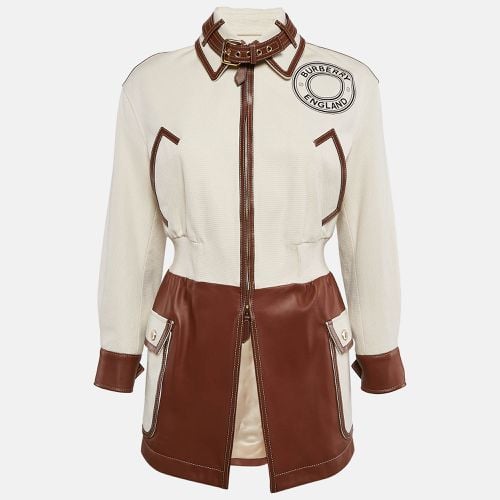 Beige/Brown Logo Print Canvas and Leather Zip-Up Jacket XXS - Burberry London - Modalova