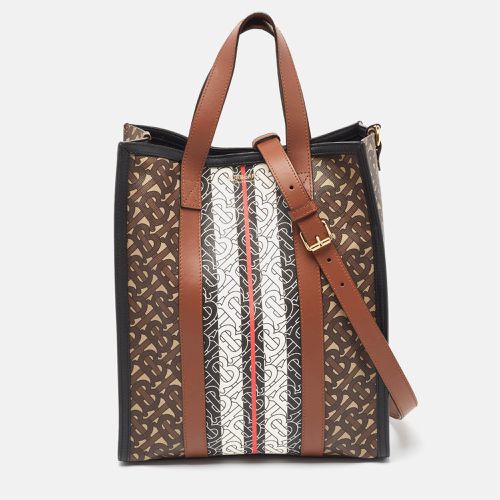 Burberry Black/Brown TB Monogram Coated Canvas and Leather Stripe Portrait Tote - Burberry - Modalova