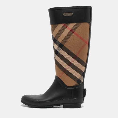 Burberry Beige/Black House Check Canvas and Rubber Clemence Rain Boots Size 37 - Burberry - Modalova