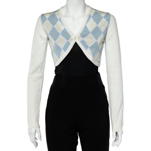 Burberry White Argyle Cotton Knit Cropped Cardigan S - Burberry - Modalova