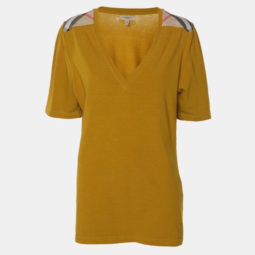 Burberry Yellow Cotton Blend Shoulder Patch V-Neck T-Shirt L - Burberry - Modalova