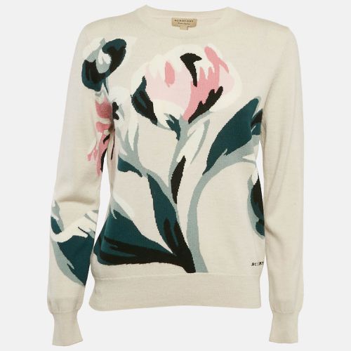 Burberry Grey Floral Intarsia Merino Wool Crew Neck Sweater L - Burberry - Modalova