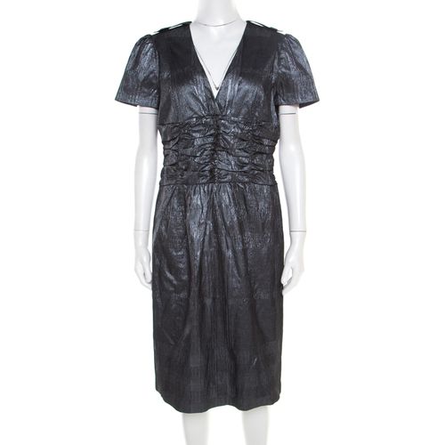 Burberry London Metallic Silver Jacquard Plunge Neck Short Sleeve Dress M - Burberry London - Modalova