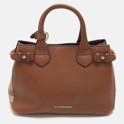 Burberry Brown/Beige House Check Fabric and Leather Small Banner Tote - Burberry - Modalova