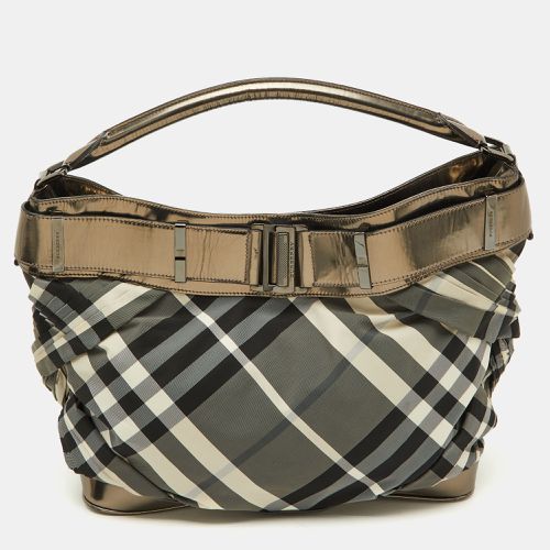 Black Beat Check Nylon and Leather Buckle Hobo - Burberry - Modalova