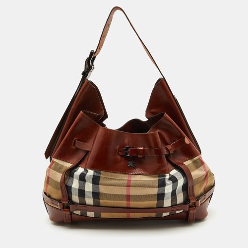 Burberry Brown/Beige House Check Canvas and Leather Bridle Hobo - Burberry - Modalova