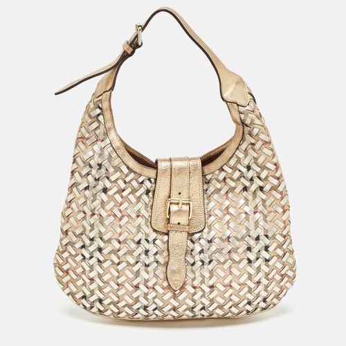 Burberry Gold/Beige Haymarket Check PVC and Leather Woven Brooke Hobo - Burberry - Modalova