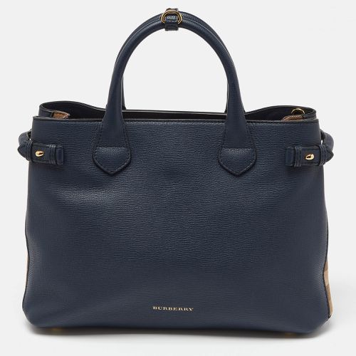 Burberry Blue/Beige Leather and House Check Canvas Medium Banner Tote - Burberry - Modalova