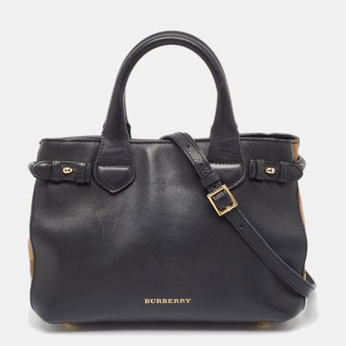 Burberry Black/Beige Leather and House Check Fabric Small Banner Tote - Burberry - Modalova