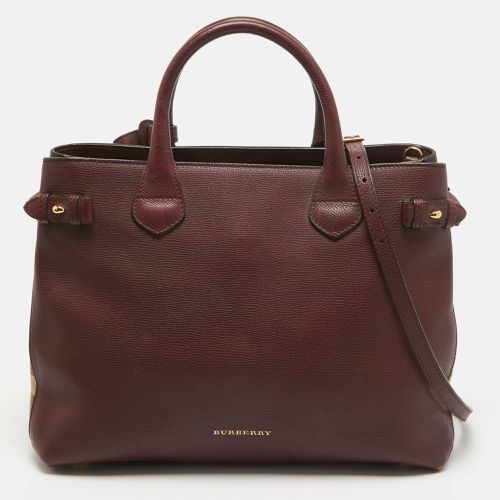 Burberry Burgundy/Beige Leather and House Check Fabric Medium Banner Tote - Burberry - Modalova