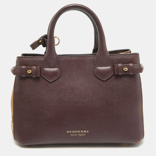 Burberry Burgundy Leather and House Check Fabric Small Banner Tote - Burberry - Modalova