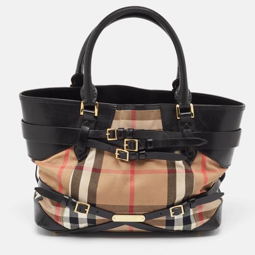 Burberry Black/Beige House Check Fabric Medium Bridle Lynher Tote - Burberry - Modalova