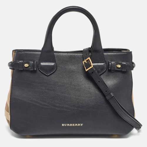 Burberry Black/Beige Leather and House Check Canvas Small Banner Tote - Burberry - Modalova