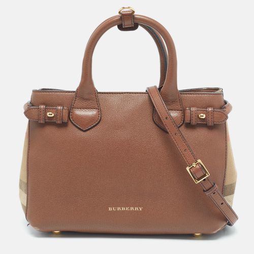 Burberry Brown Leather and House Check Fabric Small Banner Tote - Burberry - Modalova