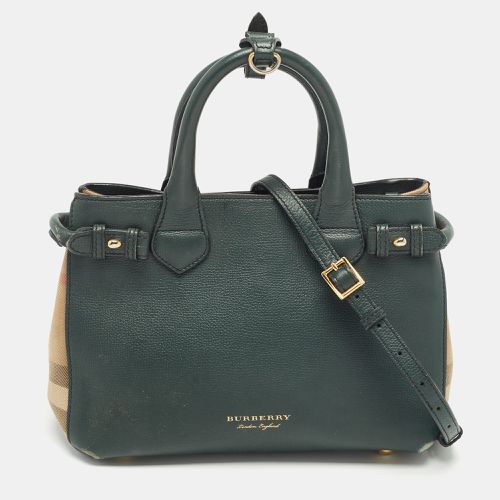 Burberry Green/Beige Leather and House Check Fabric Small Banner Tote - Burberry - Modalova