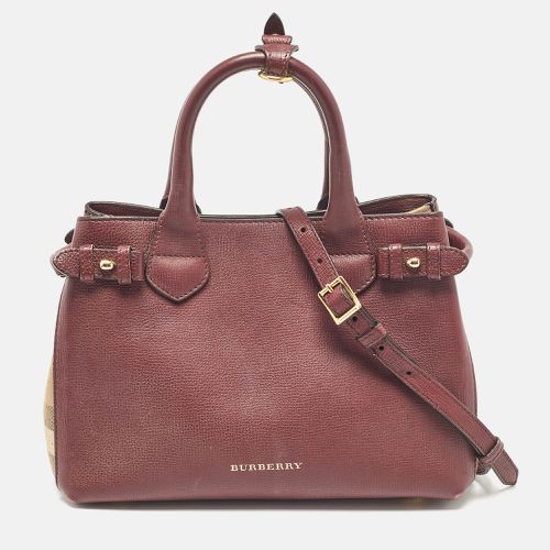 Burberry Burgundy/Beige Leather and House Check Fabric Small Banner Tote - Burberry - Modalova